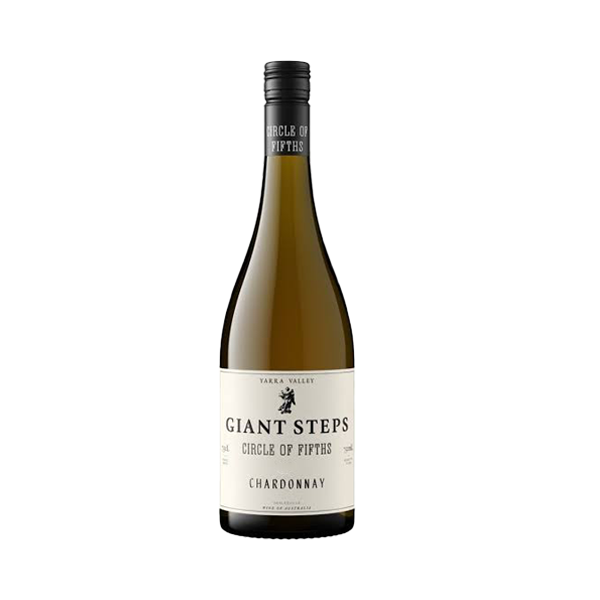 A bottle of Giant Steps Circle of Fifths Chardonnay wine with a cream label and black cap, on a white background.